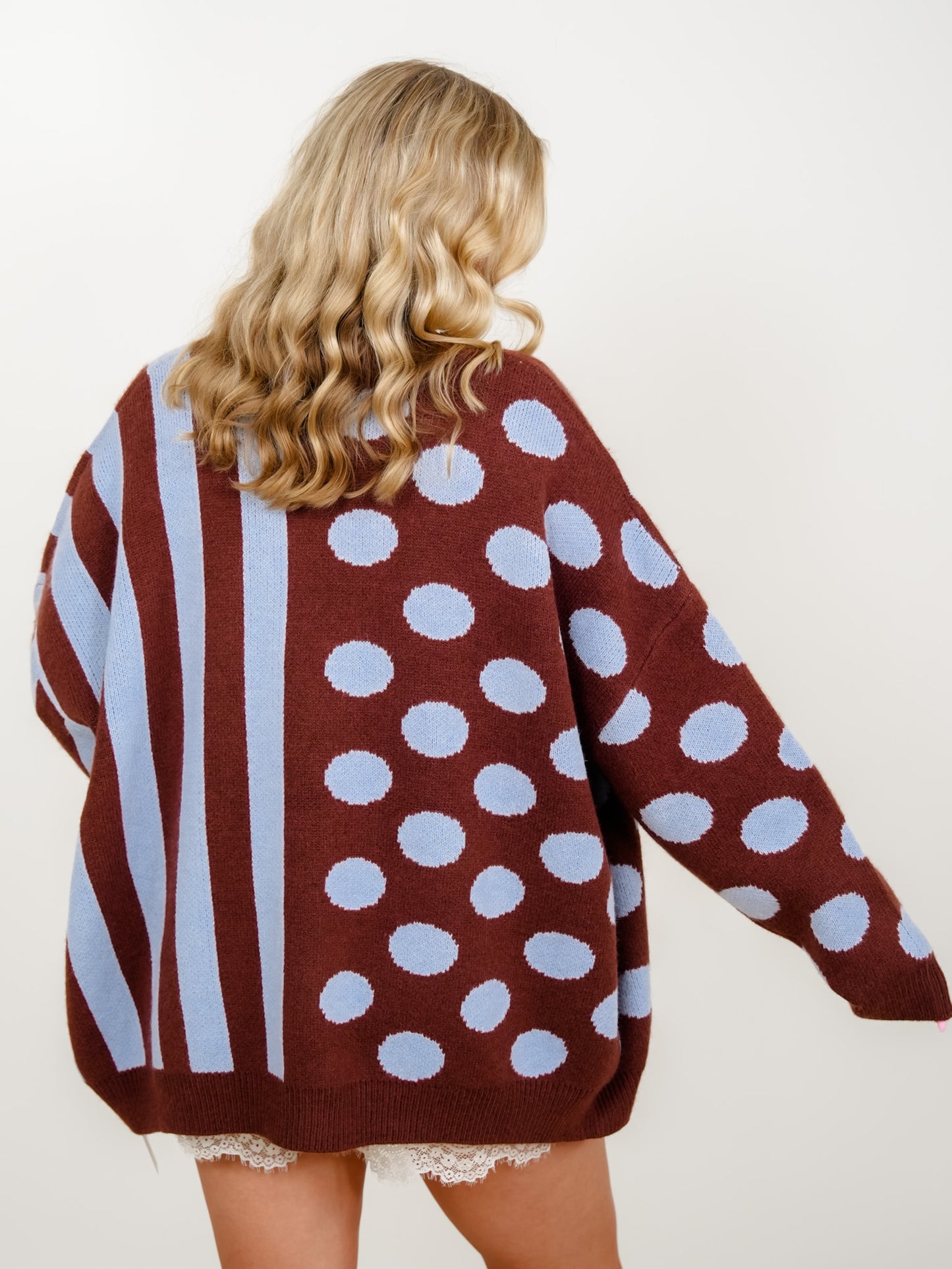 Plus/Reg Polka Dot and Stripe Long Sleeve Button Down Cardigan