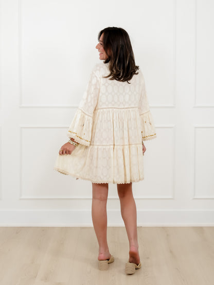 POL Natural 3/4 Sleeve V-Neck Dress with Seashell Trim