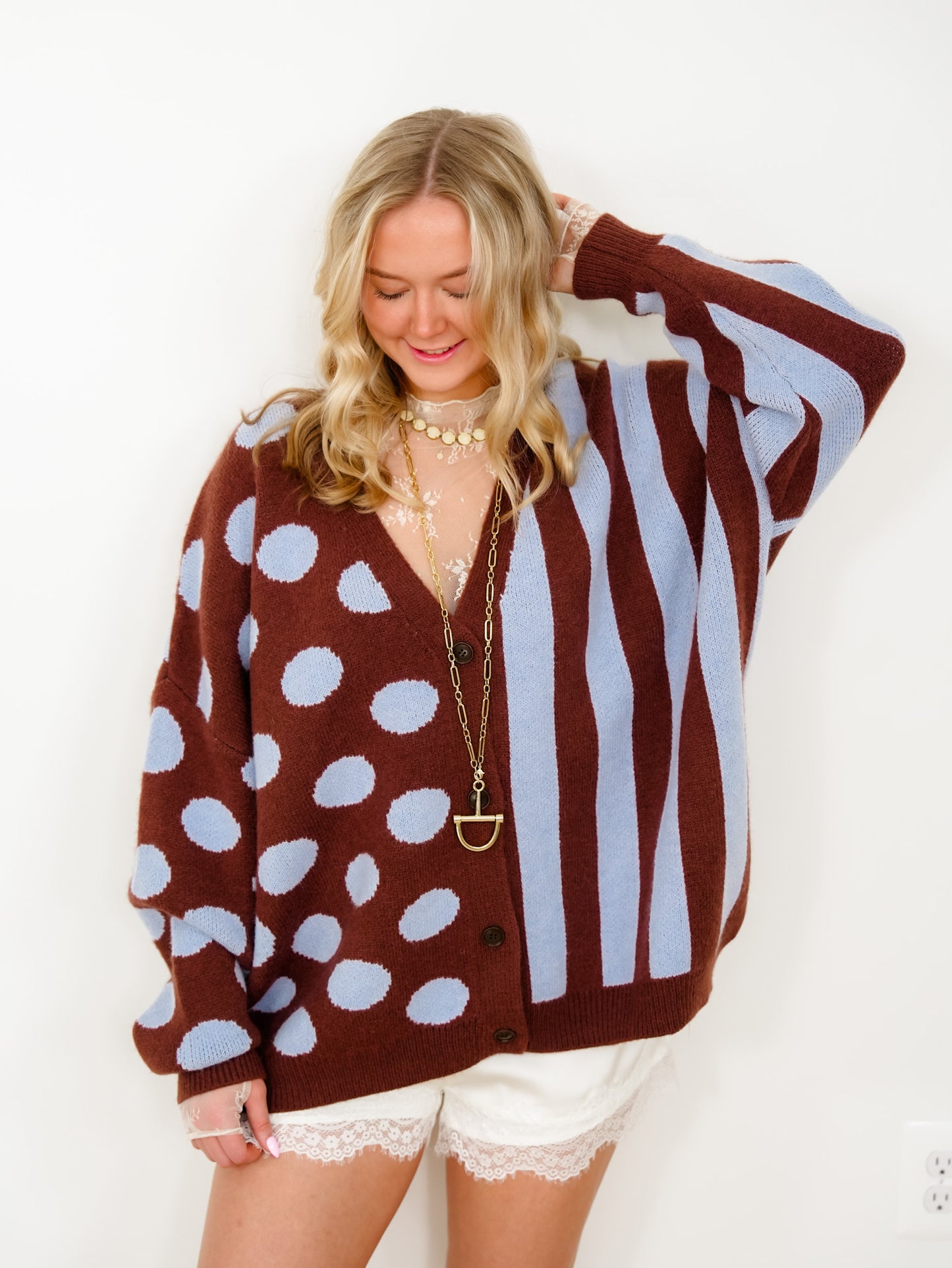 Plus/Reg Polka Dot and Stripe Long Sleeve Button Down Cardigan
