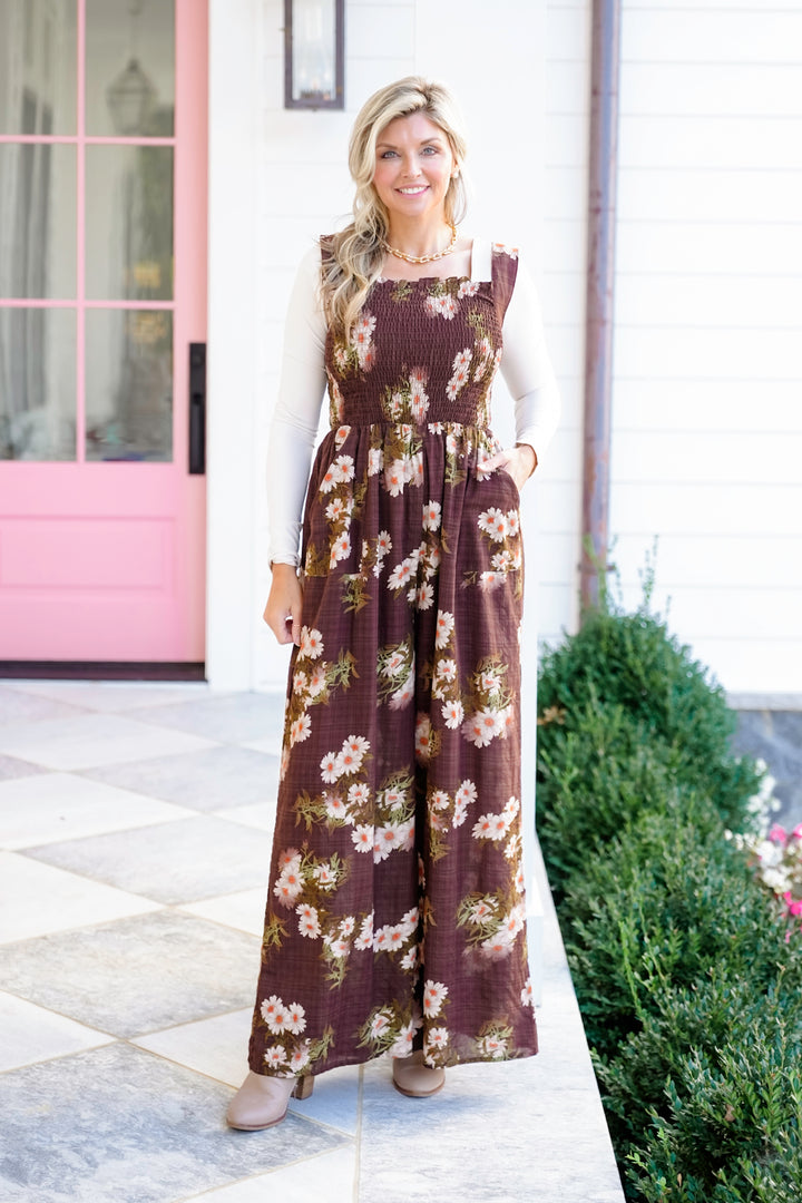 Plus/Reg Floral Print Sleeveless Square Neck Jumpsuit