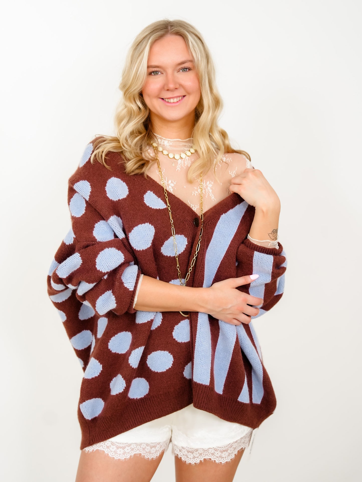 Plus/Reg Polka Dot and Stripe Long Sleeve Button Down Cardigan