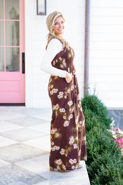 Plus/Reg Floral Print Sleeveless Square Neck Jumpsuit