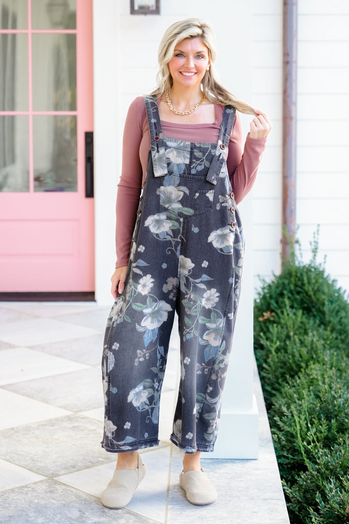 Floral Print Washed Denim Overalls