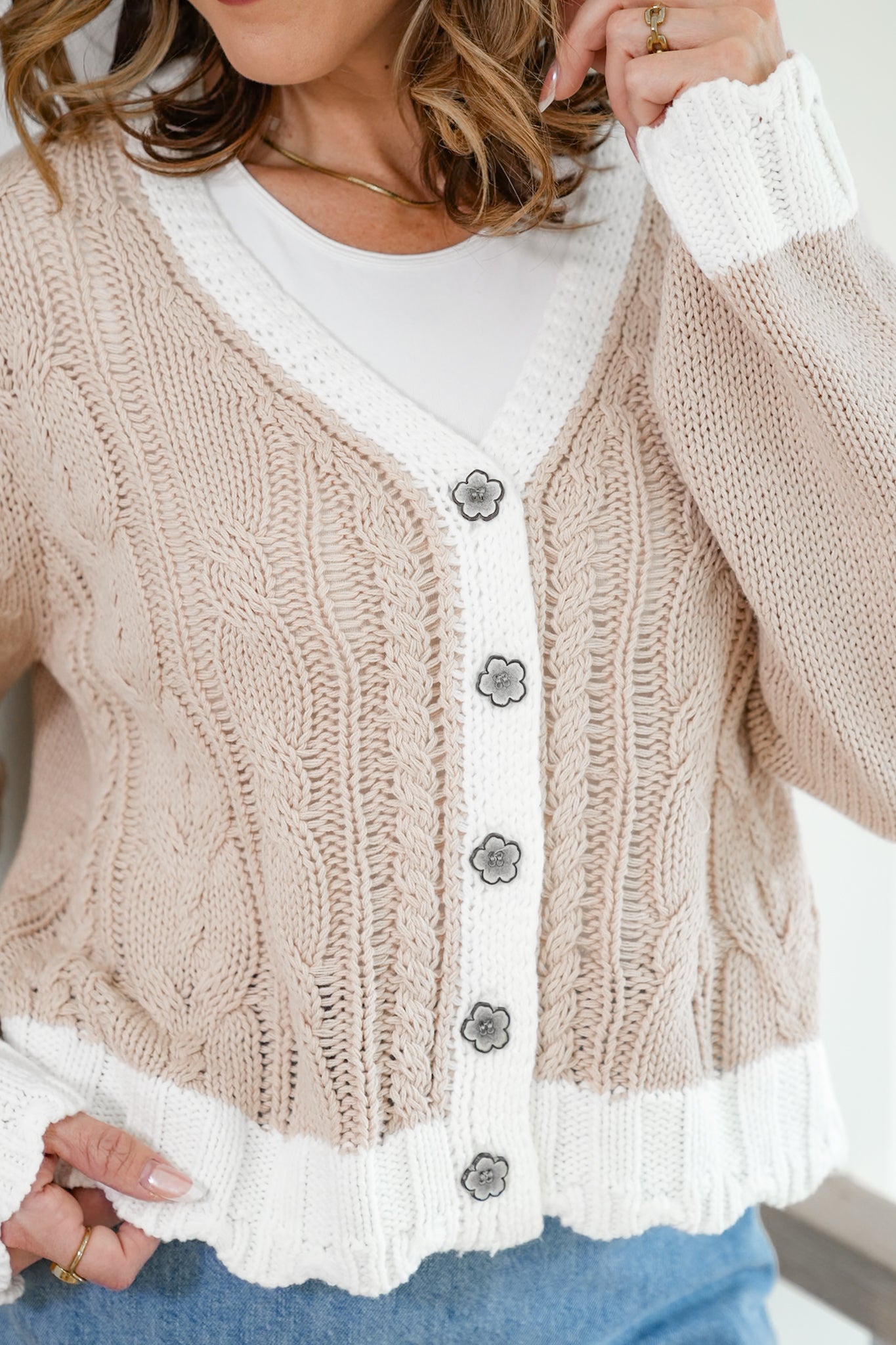 POL Cable Knit Long Sleeve Button Up Cardigan