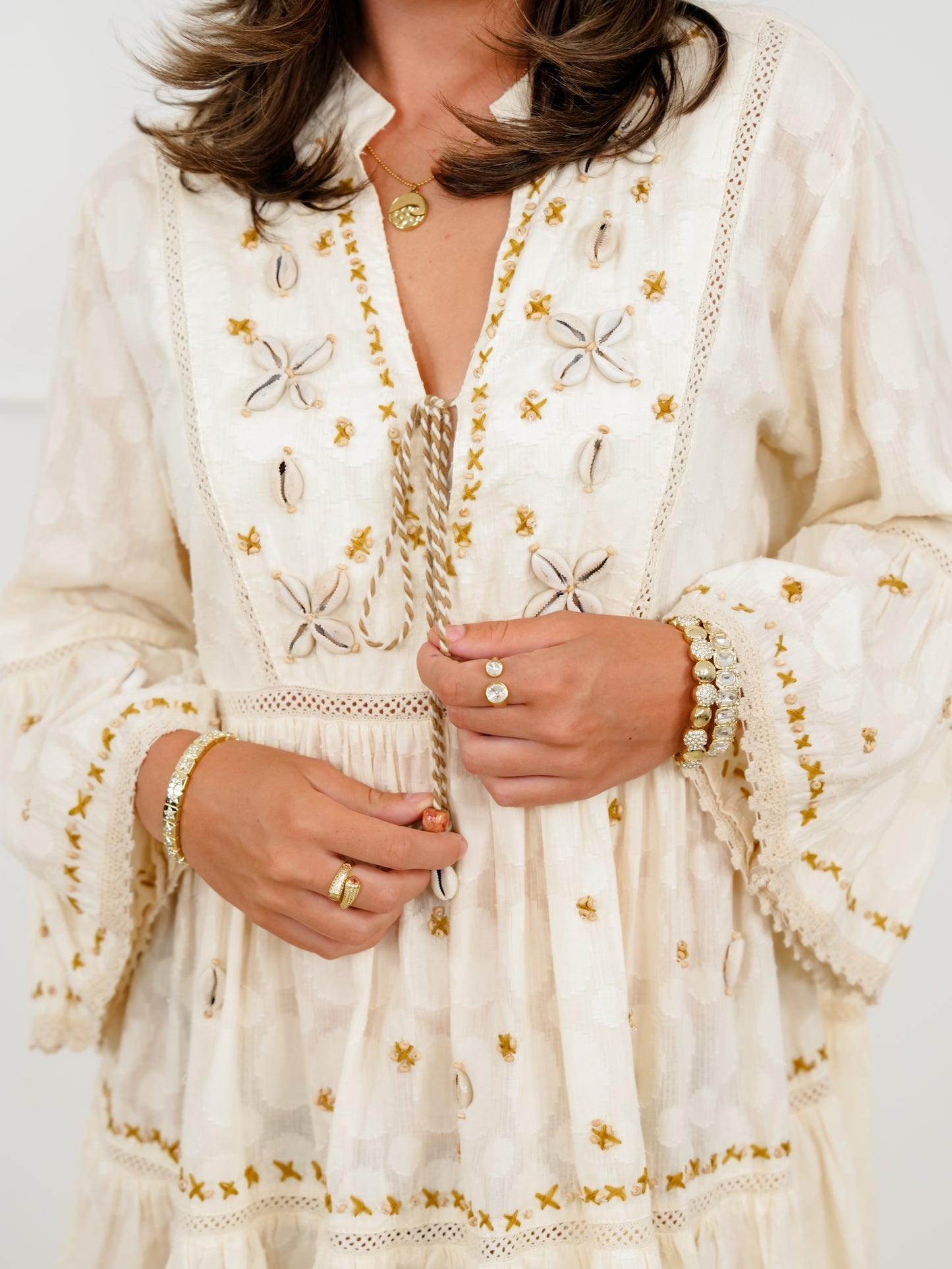 POL Natural 3/4 Sleeve V-Neck Dress with Seashell Trim