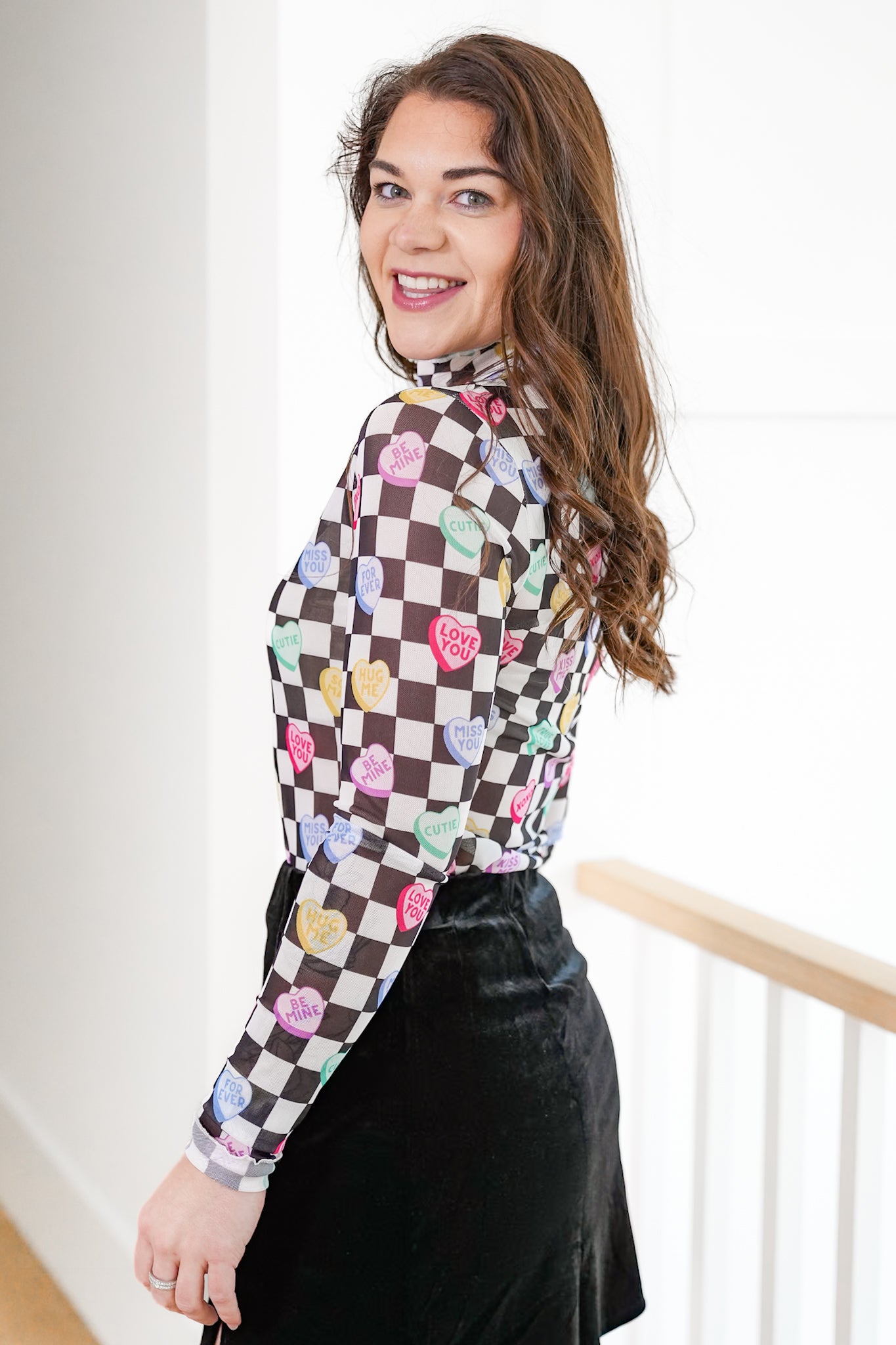 Plus/Reg Checkered Conversation Hearts Print Long Sleeve Mesh Top