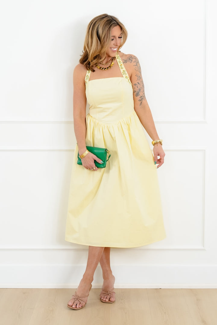 Yellow Sleeveless Halter Neck Midi Dress with Embroidery Trim