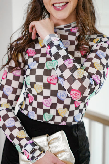 Plus/Reg Checkered Conversation Hearts Print Long Sleeve Mesh Top