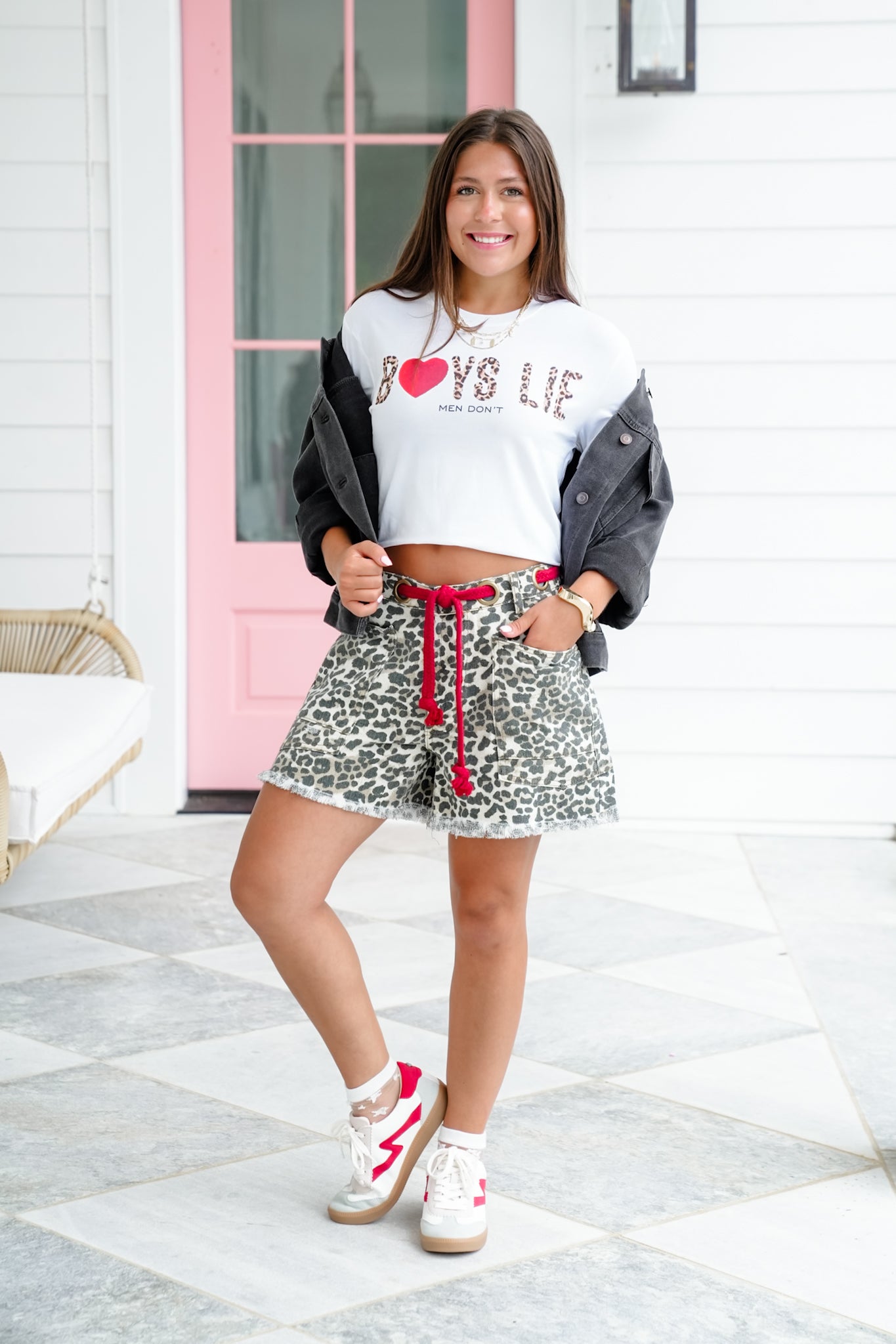 Leopard Print Shorts with Red Braided Belt Detail