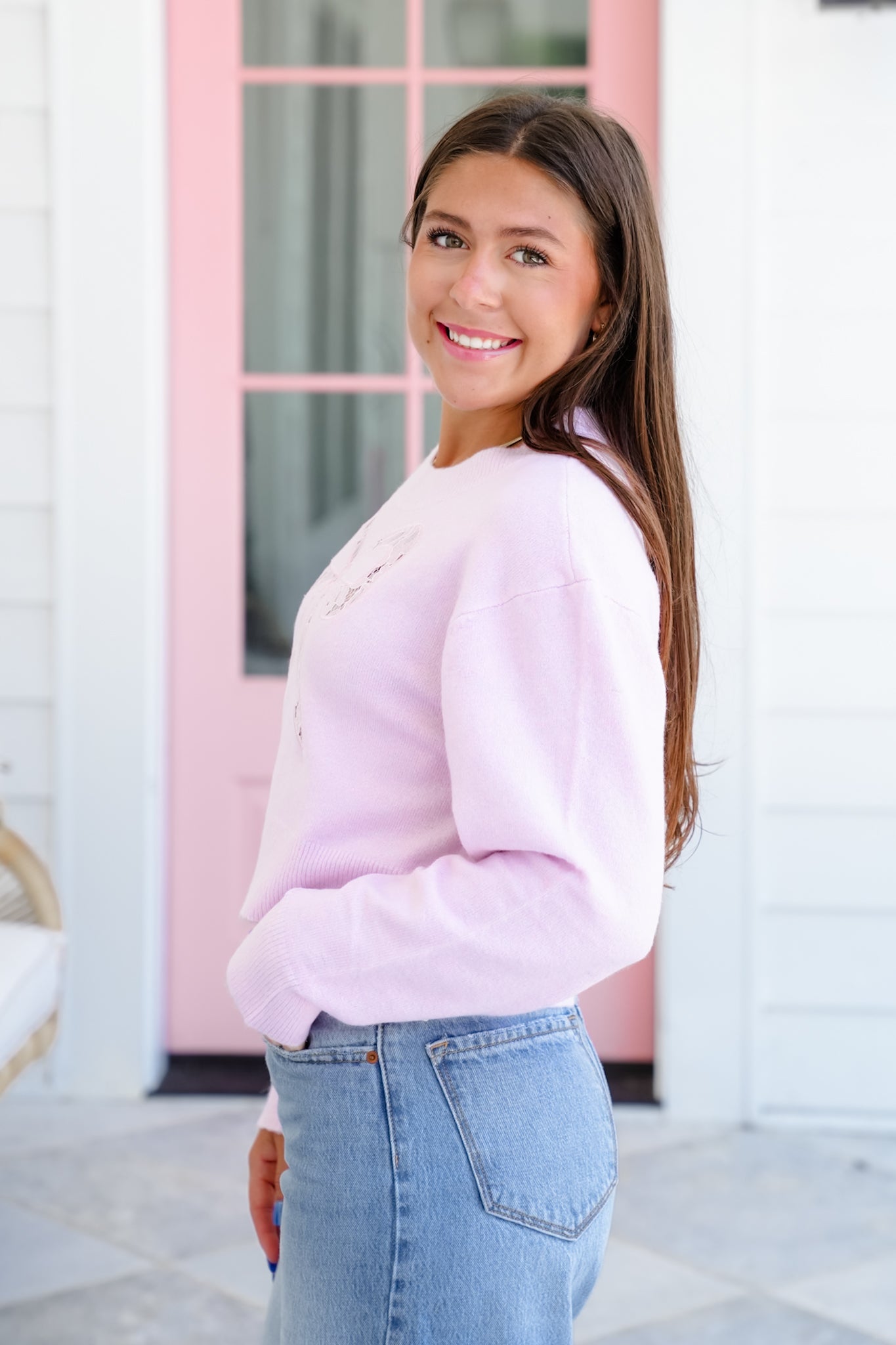 Long Sleeve Crop Sweater with Lace Bow Detail