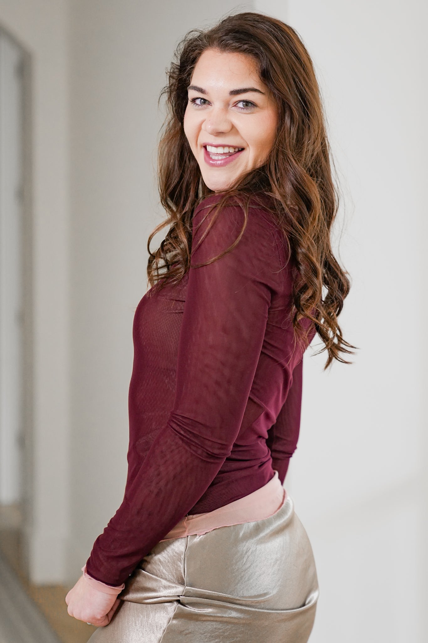 Long Sleeve Layered Scoop Neck Mesh Top