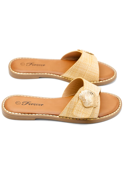 Woven Strap Slide Sandal with Shell Accent
