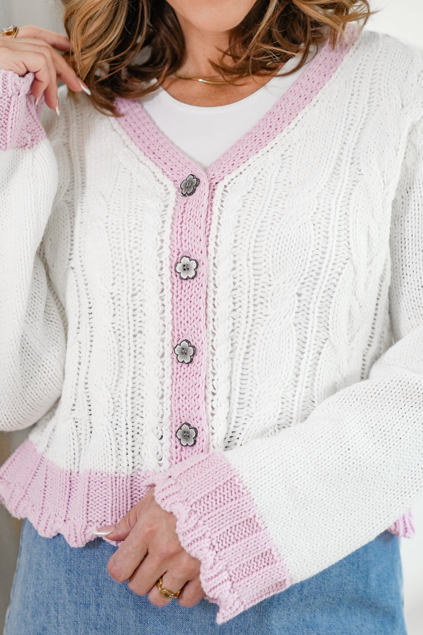 POL Cable Knit Long Sleeve Button Up Cardigan