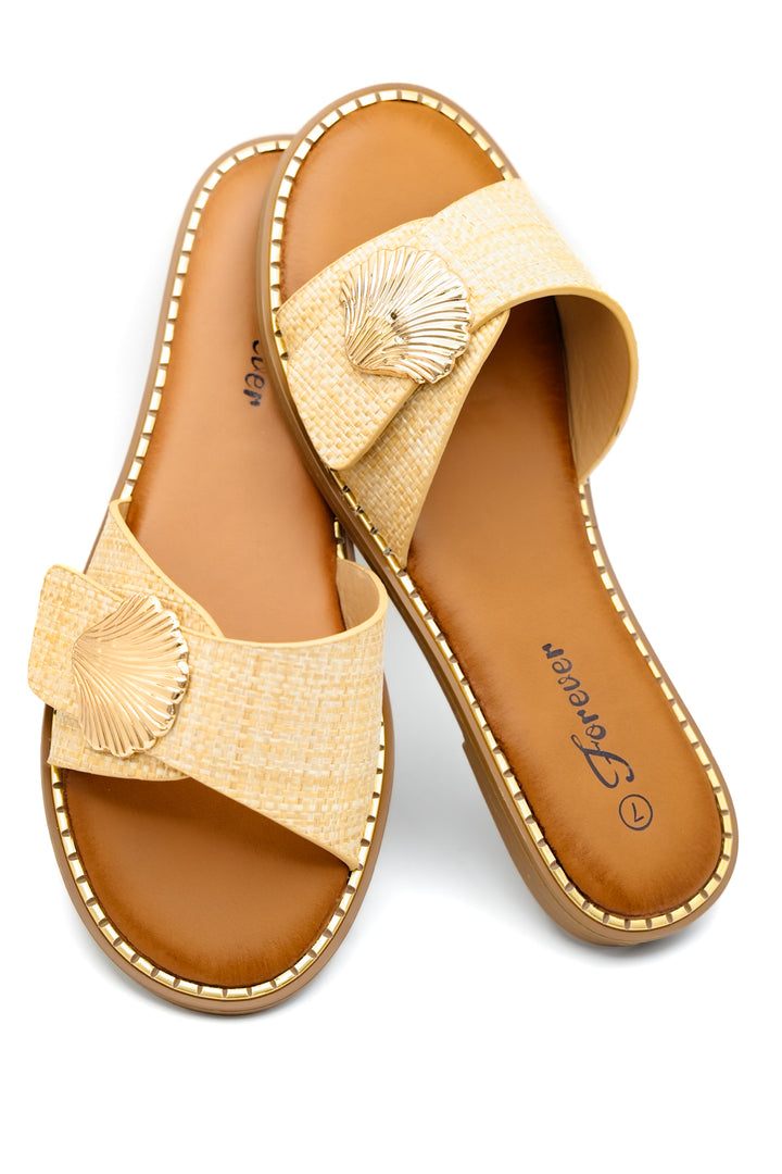 Woven Strap Slide Sandal with Shell Accent