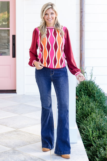 Wavy Color Block Long Sleeve Pullover Sweater