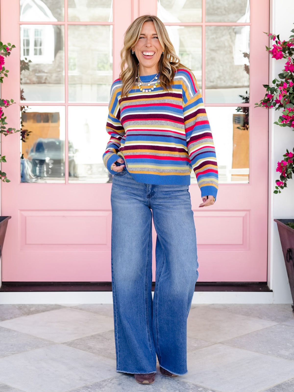 Multi Color Stripe Long Sleeve Crew Neck Pullover Sweater - Freckled Poppy