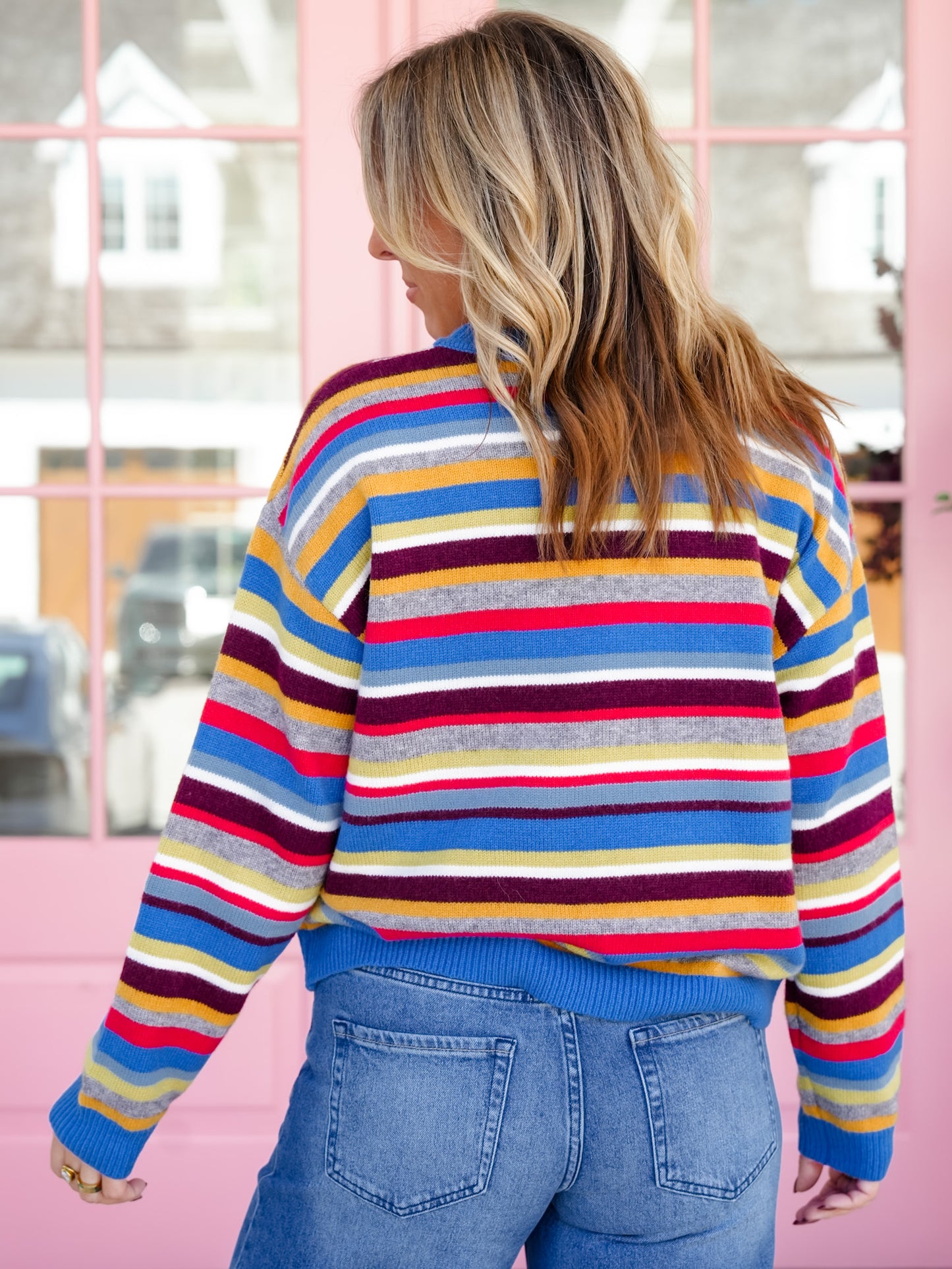 Multi Color Stripe Long Sleeve Crew Neck Pullover Sweater - Freckled Poppy