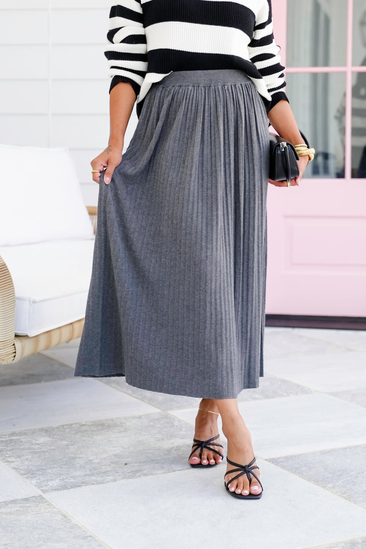 Charcoal Pleated Elastic Waist Midi Skirt