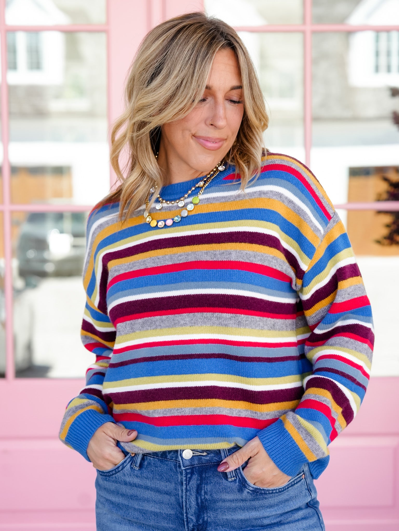 Multi Color Stripe Long Sleeve Crew Neck Pullover Sweater - Freckled Poppy