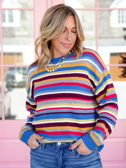 Multi Color Stripe Long Sleeve Crew Neck Pullover Sweater - Freckled Poppy