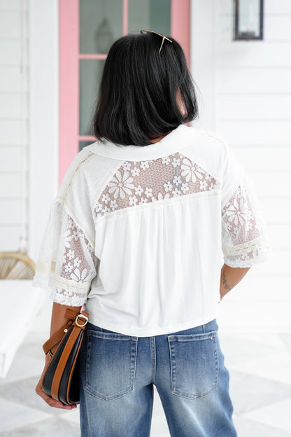 POL Solid Short Sleeve V-Neck Collared Top with Lace Detail