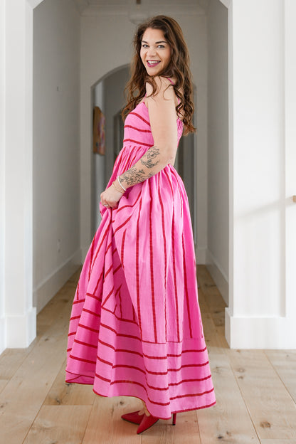 Pink Stripe Sleeveless Maxi Dress with Open Back