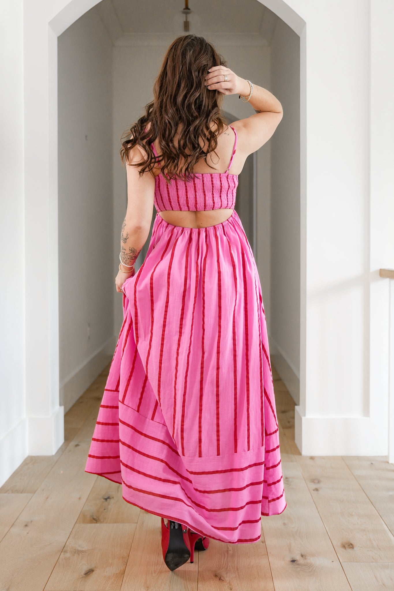 Pink Stripe Sleeveless Maxi Dress with Open Back