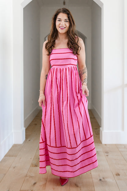 Pink Stripe Sleeveless Maxi Dress with Open Back