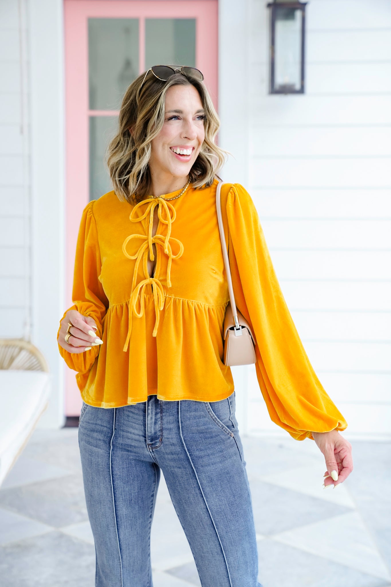 Velvet Long Balloon Sleeve Top with Front Tie Detail