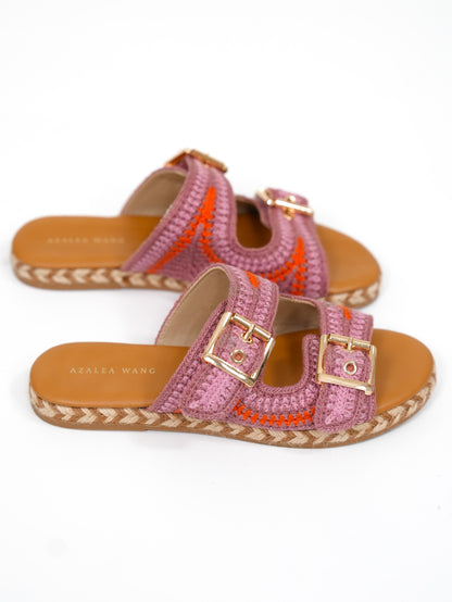 Azalea Wang Woven Raffia Double Buckle Slip On Sandal