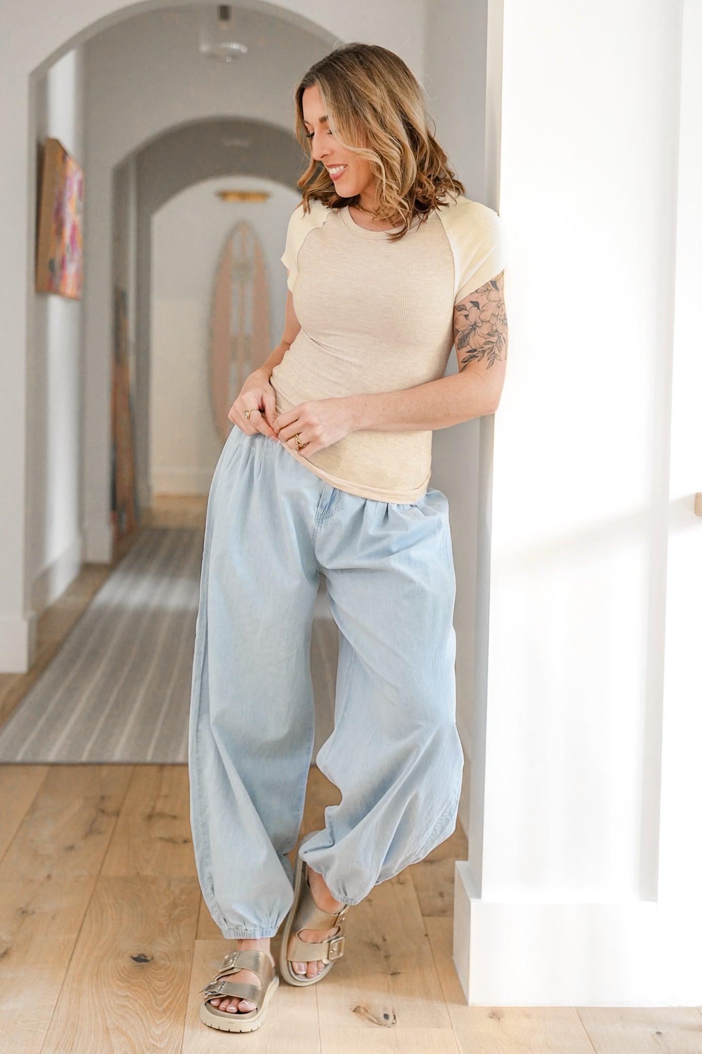 POL Ribbed Short Sleeve Round Neck Top