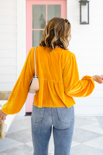 Velvet Long Balloon Sleeve Top with Front Tie Detail