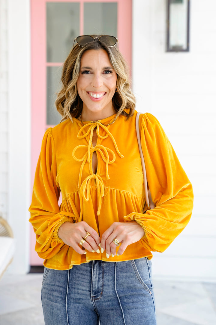 Velvet Long Balloon Sleeve Top with Front Tie Detail