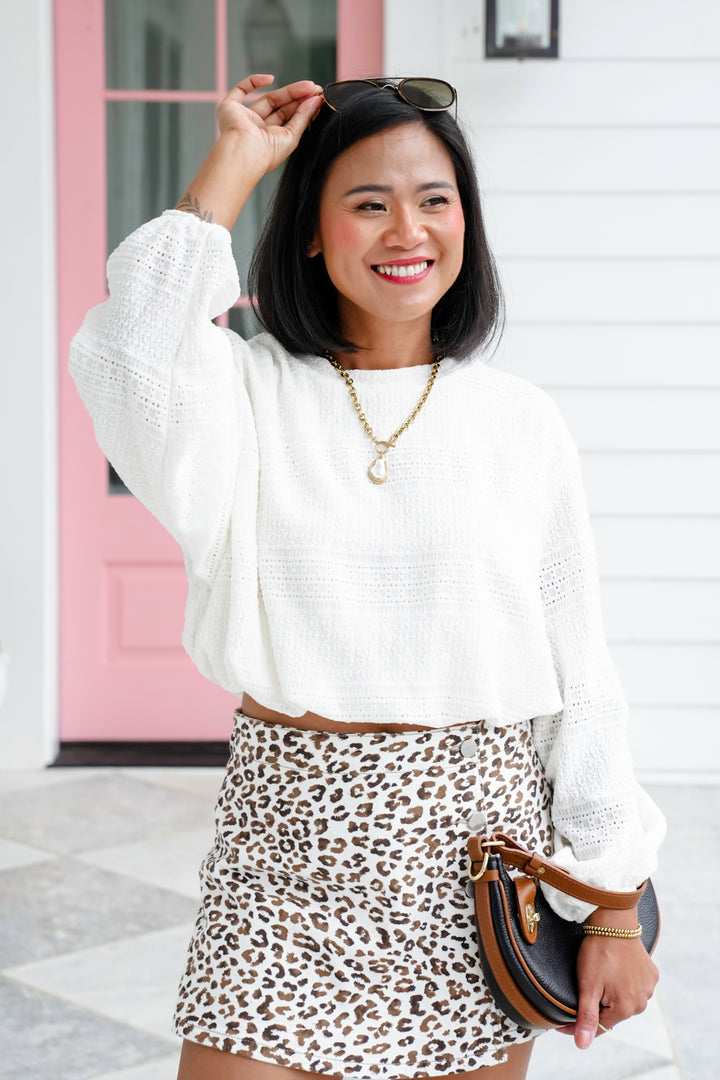 Textured Long Sleeve Top with Bubble Hem Detail