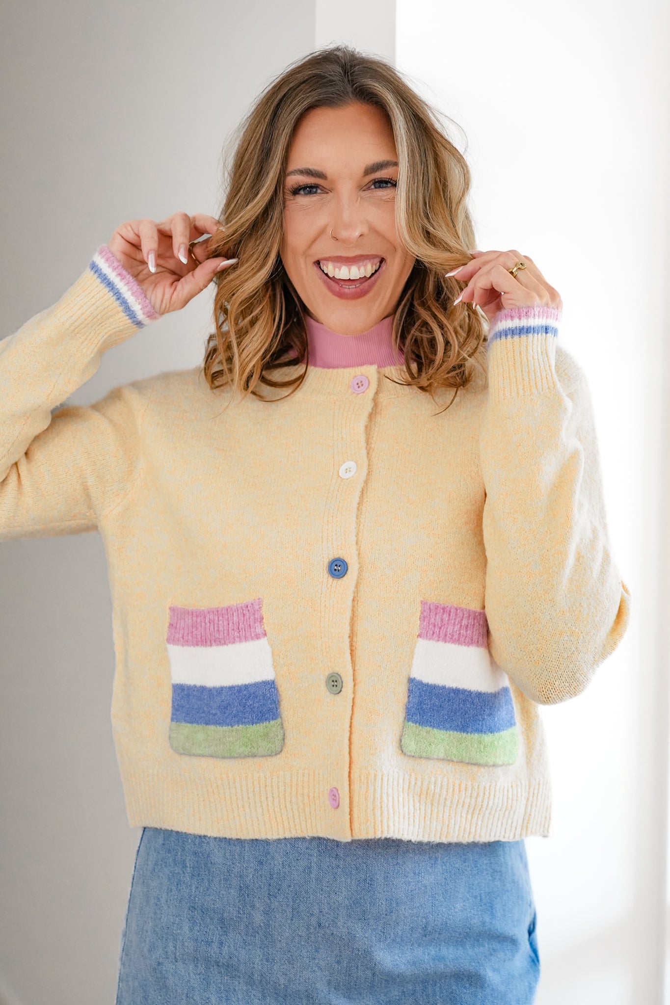 Long Sleeve Button Down Cardigan with Rainbow Pockets