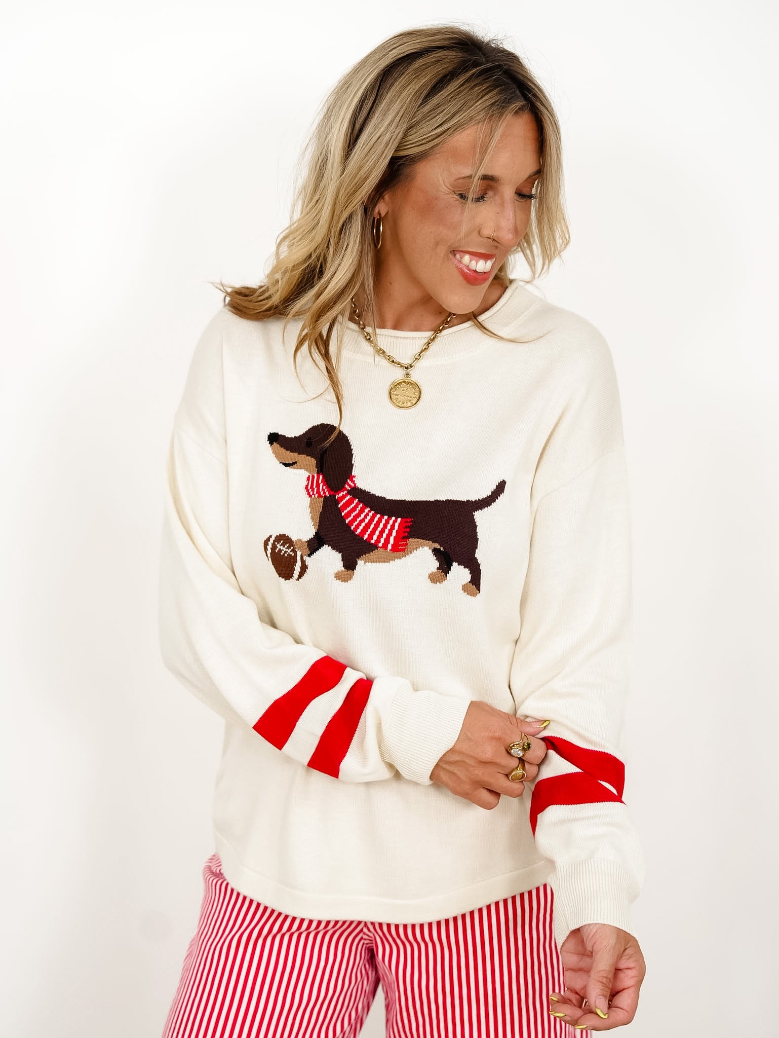 Long Sleeve Game Day Dachshund Pullover Sweater - Freckled Poppy