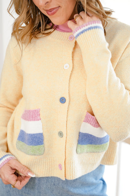 Long Sleeve Button Down Cardigan with Rainbow Pockets