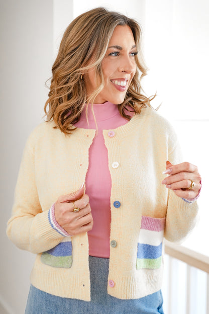 Long Sleeve Button Down Cardigan with Rainbow Pockets