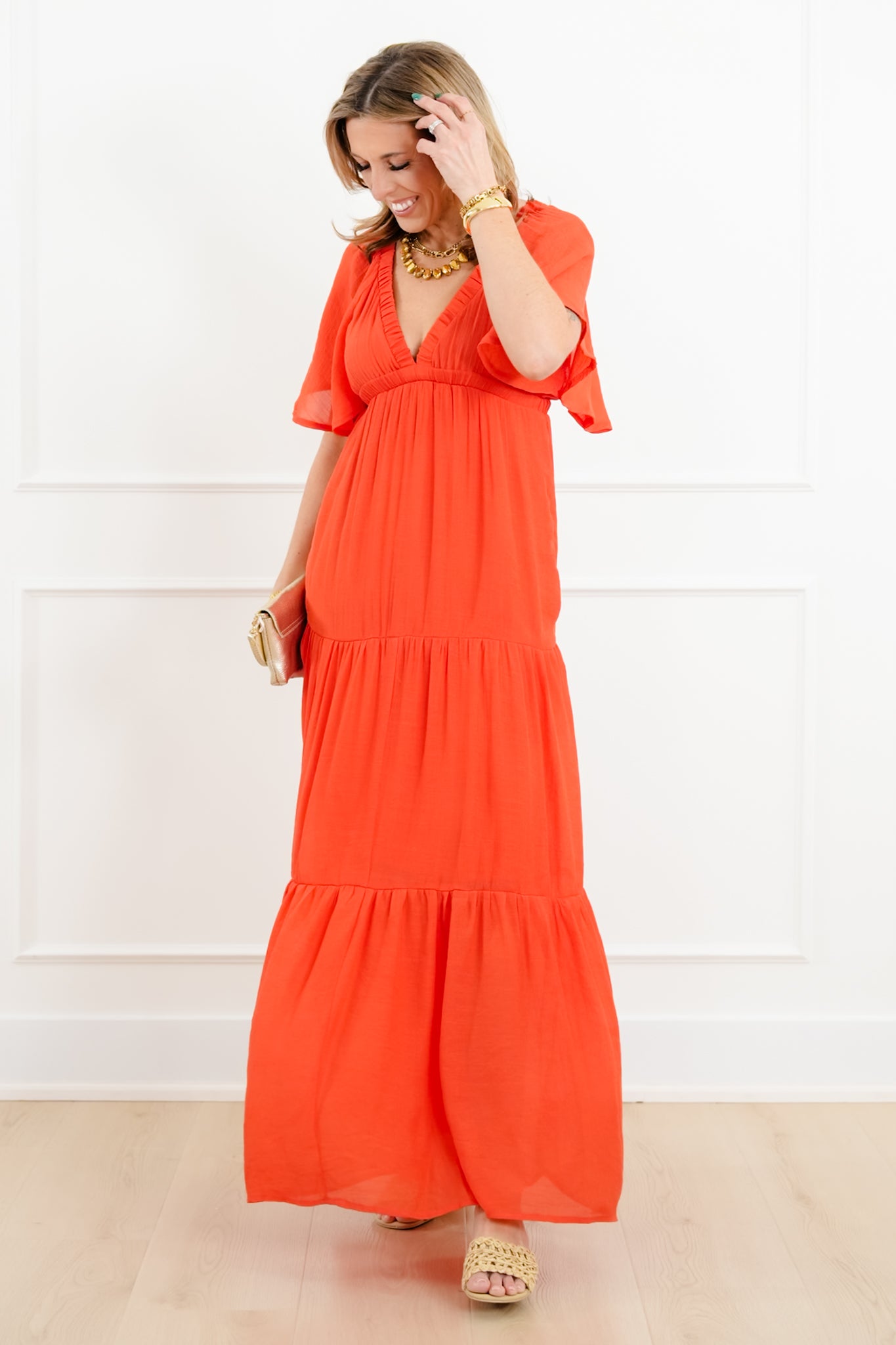 Solid Short Sleeve V-Neck Tiered Maxi Dress Orange / S