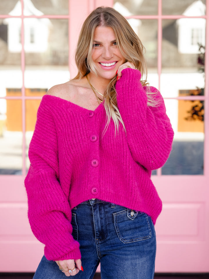 POL Ribbed Knit Long Sleeve V-Neck Button Down Cardigan - Freckled Poppy