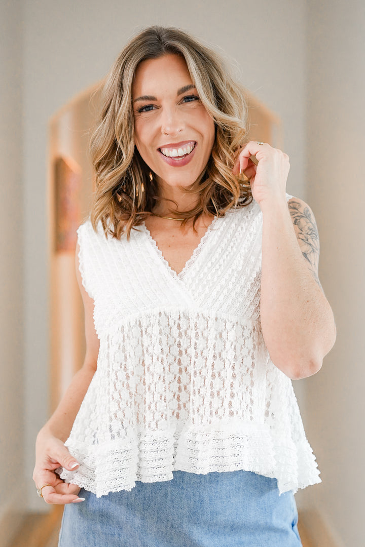 POL Textured Sleeveless V Neck Top with Lace