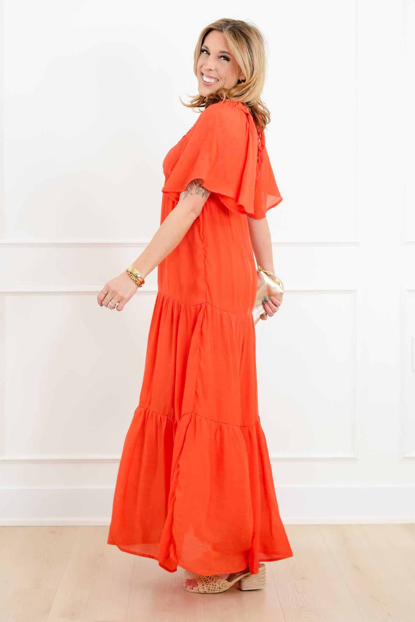 Solid Short Sleeve V Neck Tiered Maxi Dress