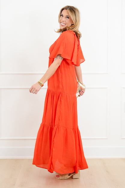 Solid Short Sleeve V Neck Tiered Maxi Dress