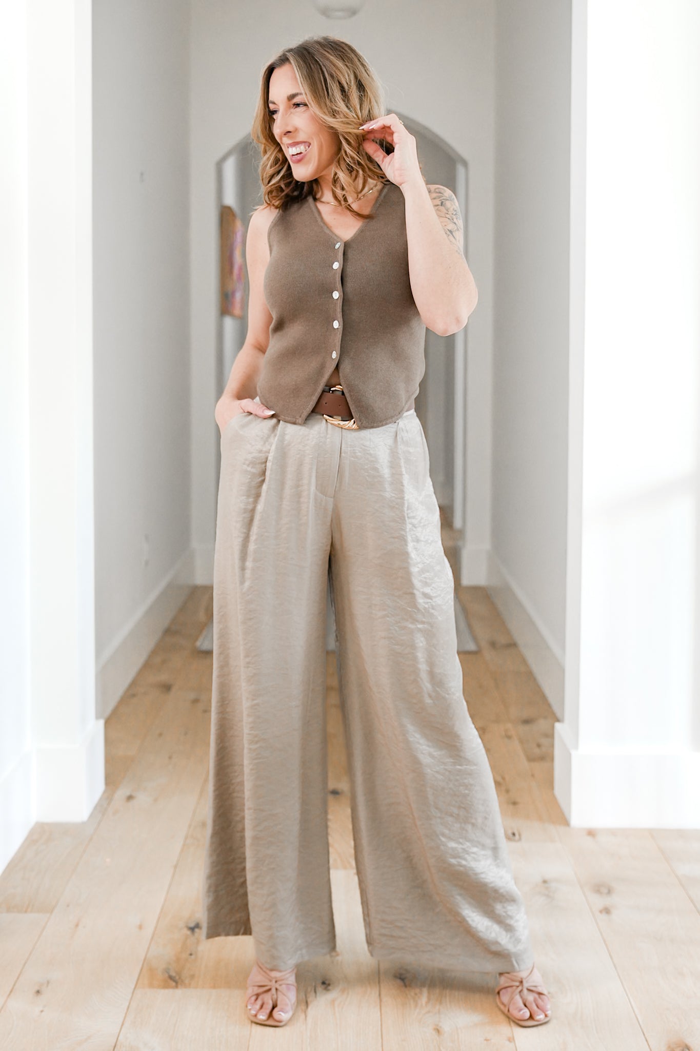 Satin Pleated Wide Leg Pants with Belt