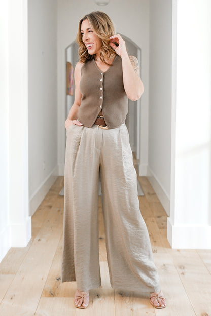 Satin Pleated Wide Leg Pants with Belt