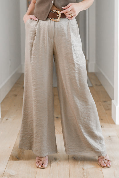 Satin Pleated Wide Leg Pants with Belt
