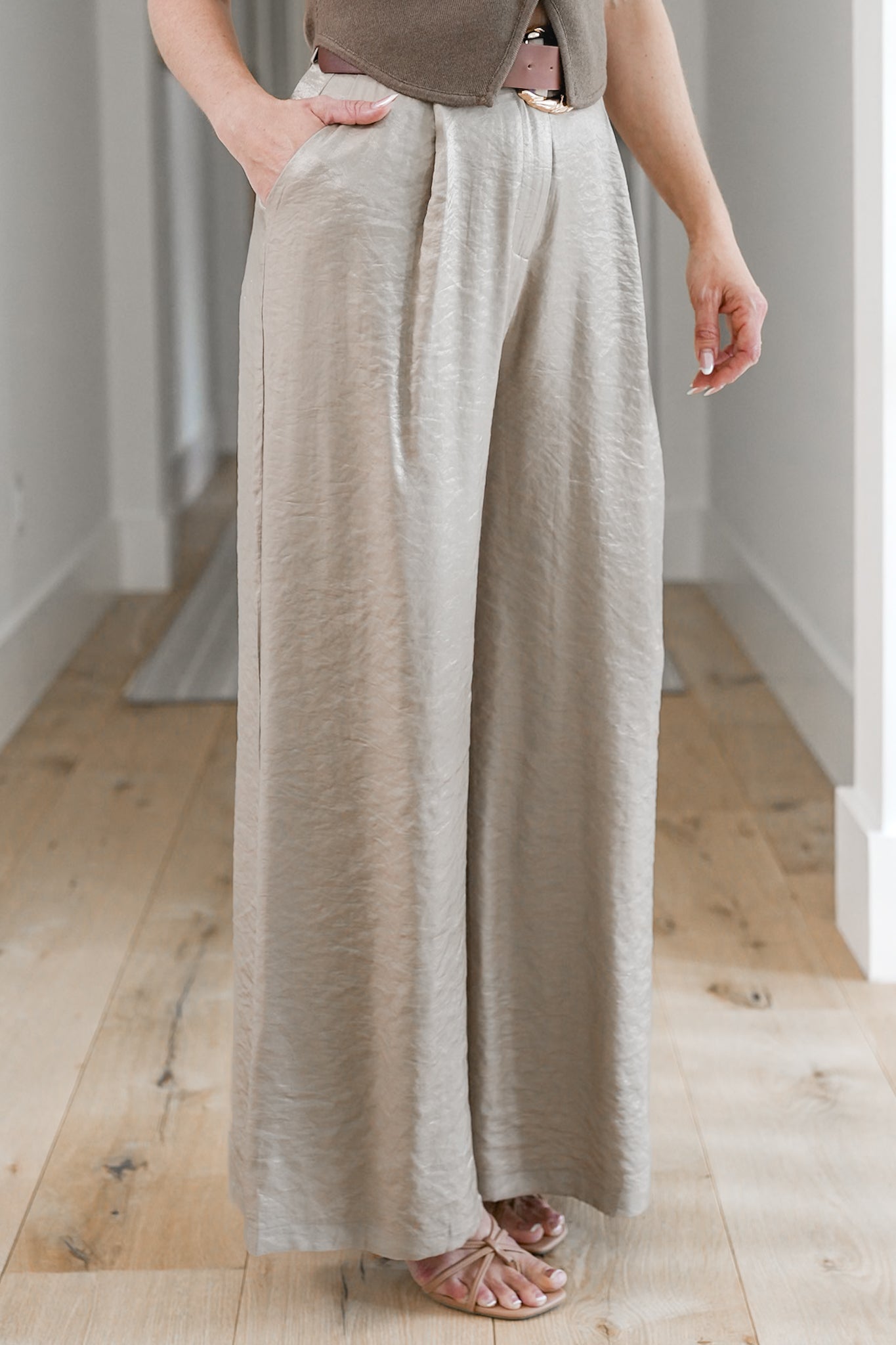 Satin Pleated Wide Leg Pants with Belt