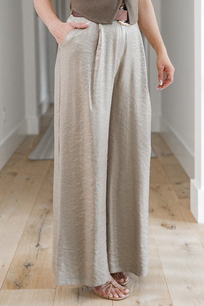 Satin Pleated Wide Leg Pants with Belt