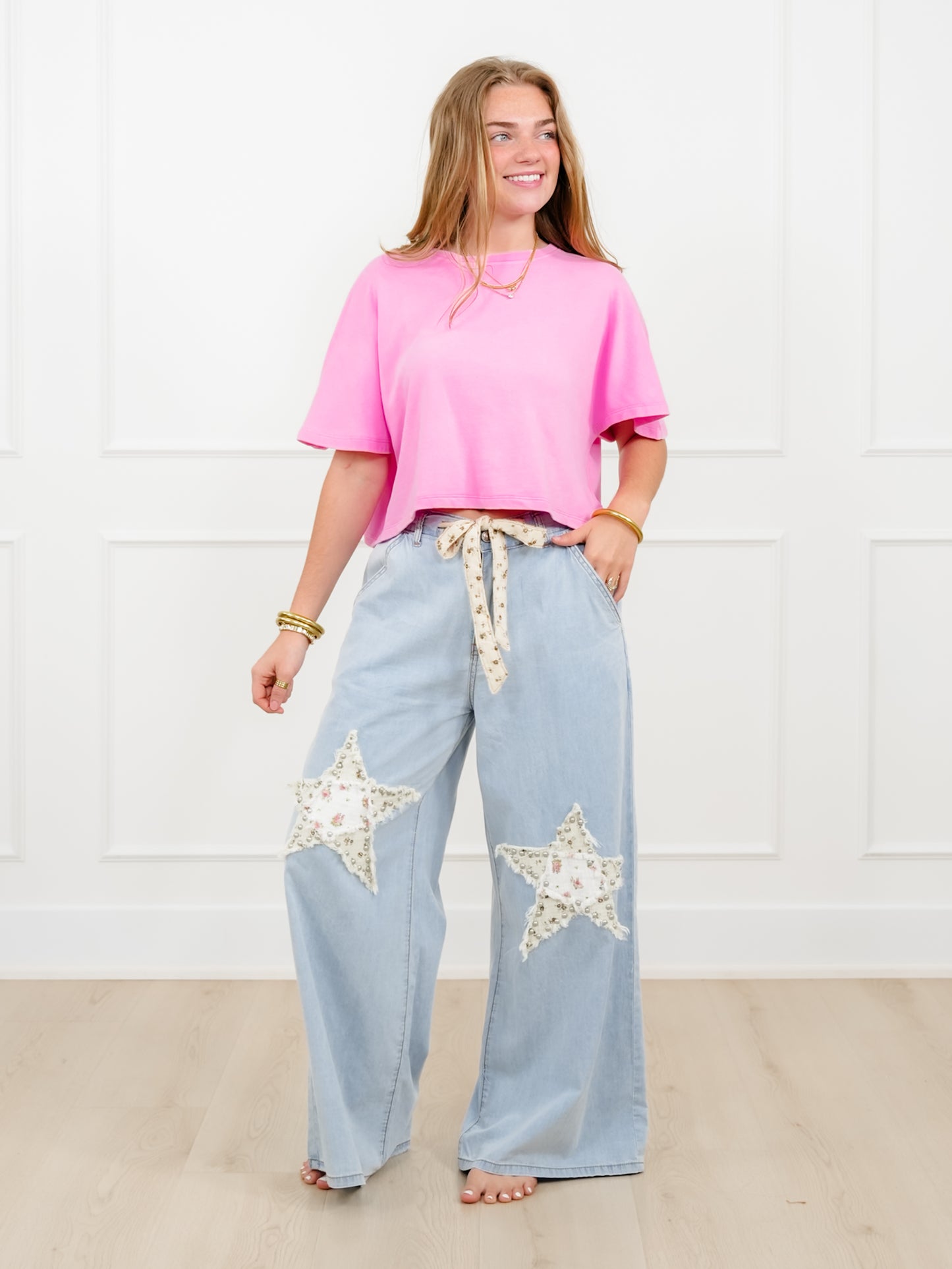 POL Light Wash Star Patch High Waist Wide Leg Pants
