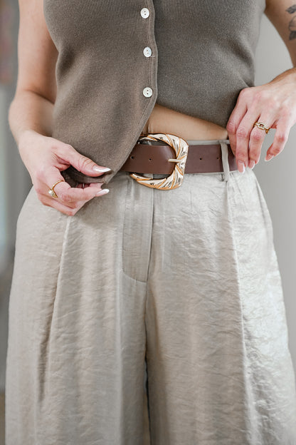 Satin Pleated Wide Leg Pants with Belt